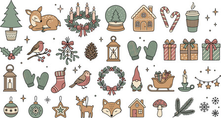 Fototapeta premium Cozy Scandinavian Christmas Winter Sticker Mega Set with Gnome, Deer, Robin, Wreath, Lantern, and Festive Holiday Elements Vector Collection