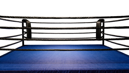 Empty blue boxing ring with black ropes and posts, isolated on transparent background © Aliona