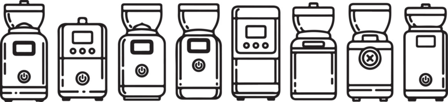 Line drawing of various portable food warmers and kettles in a row Vector