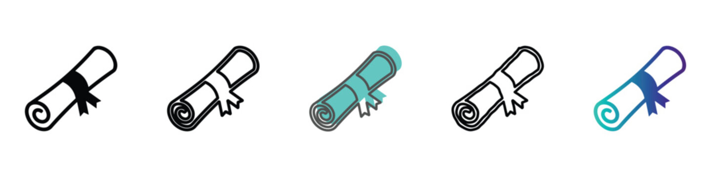 Collection of stylized diploma scrolls with ribbons, symbolizing education, graduation, and awards
