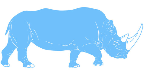 Blue silhouette illustration with white lines, a large rhinoceros walking side view © SasubuArt
