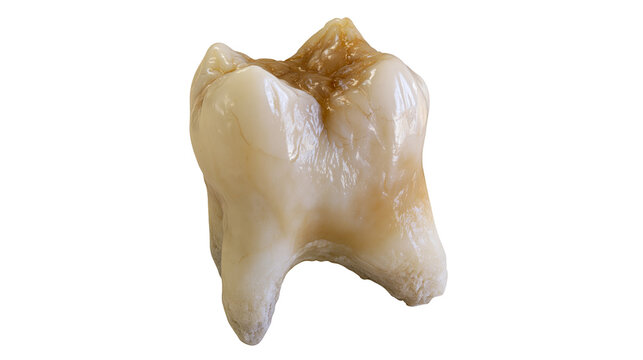 Human molar tooth with decay and staining
