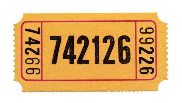 Yellow raffle ticket with red border and numbers, isolated on transparent background