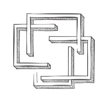 Hand drawn of an impossible geometric shape with shaded lines