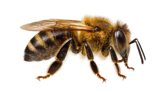 Detailed macro view of a fuzzy honey bee with striped abdomen, isolated on transparent background