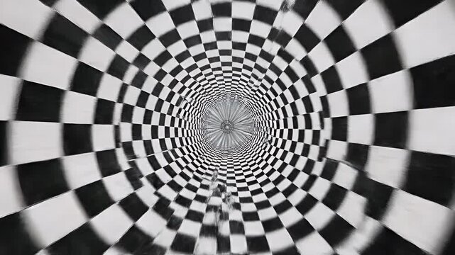 A hypnotic vortex of black and white checkerboard patterns recedes into a central point.