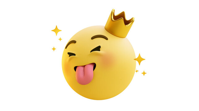 Yellow emoji with tongue out and golden crown, sparkling
