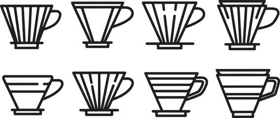 Fototapeta premium Set of eight stylish minimalist coffee cups with handles in black and white line art Vector
