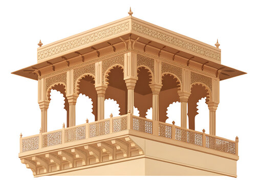 Amber Fort projecting balcony with ornate brackets, Rajput architectural detail, flat vector illustration