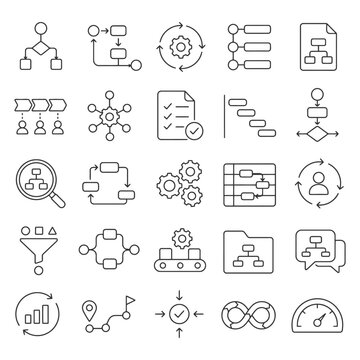 Set of linear process diagrams and flowchart icons for business and project planning.