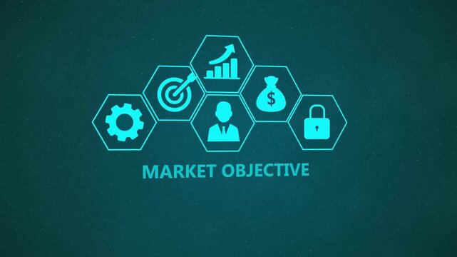 Market Objective Infographic Animation with Business Growth Icons and Enterprise Strategy Network on Dark Background 4k visuals