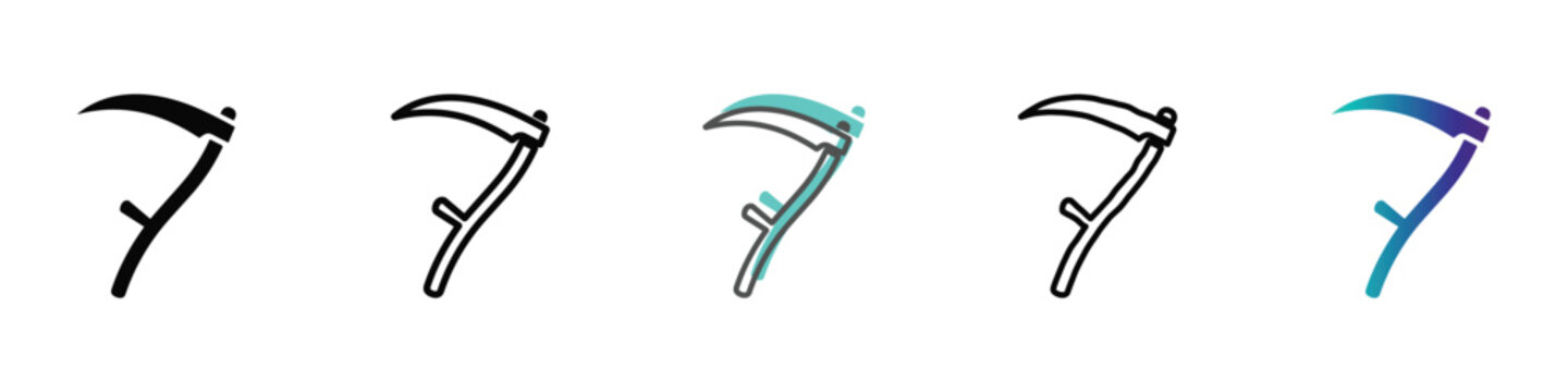 A set of five distinct scythe icons in various styles, from solid black to outlined and gradient fills, symbolizing mortality and farming tools