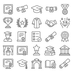 Fototapeta premium Graduation icons set: diplomas, caps, trophies, medals, certificates, gowns, awards.