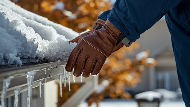 Person in leather gloves cleaning icy snow from roof gutters
