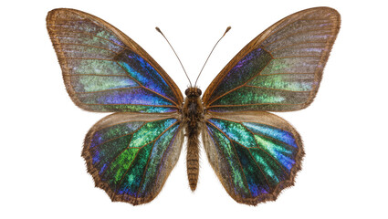 Iridescent blue and green butterfly wings detailed macro, isolated on transparent background © Sorin