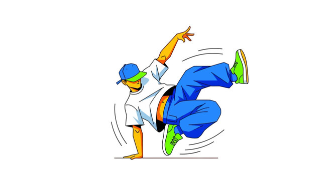 Energetic breakdance performer in a dynamic hip hop pose.