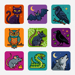 Fototapeta premium Halloween themed Animal Illustrations Vector Graphics With Colorful Backgrounds And Decorative Elements