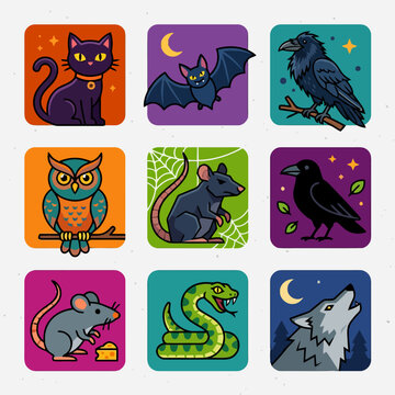 Halloween themed Animal Illustrations Vector Graphics With Colorful Backgrounds And Decorative Elements