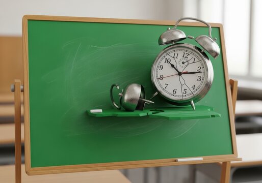 Broken alarm clock on a green chalkboard in a classroom