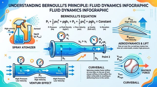 Bernoulli principle fluid dynamics infographic spray atomizer venturi effect.