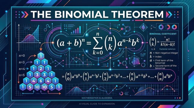 Visual guide to binomial theorem expansion featuring mathematical formula and pascal triangle.