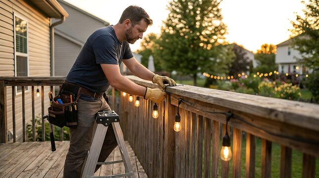 Professional carpenter installing decorative string lighting on wooden residential outdoor deck porch with carpenter construction lighting