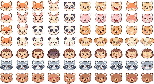 Mega cartoon baby animal face emoji icon set with multiple emotional expressions for kids app UI sticker design