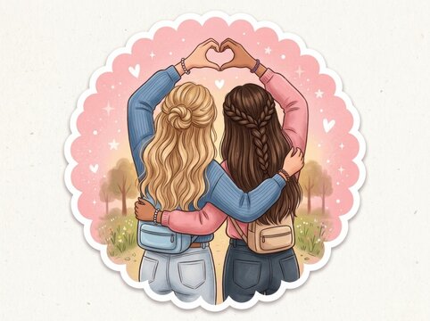 Two best friends making a heart shape with their hands illustration inside a pink scalloped sticker frame