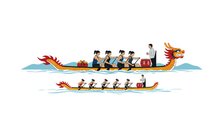 Dynamic Dragon Boat Team Racing On Water. © Konco