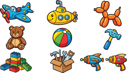 Fun Cartoon Kids Toy Collection with Submarine, Balloon Animal, Space Gun, Airplane, Toolbox, Lego Blocks, and Playroom Elements Vector Set © MdRezaul