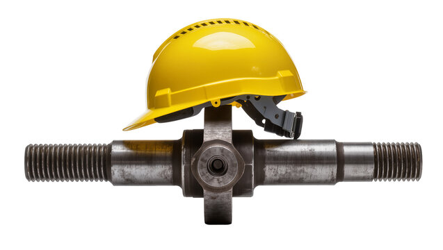 Yellow hard hat on metal shaft with threaded ends