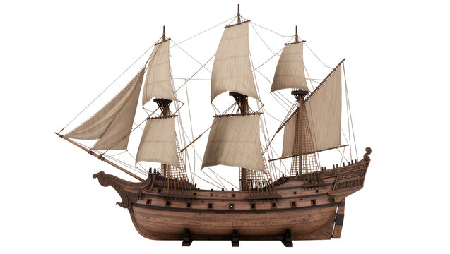 Detailed wooden tall ship model with sails, isolated on transparent background