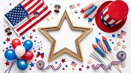 Obraz premium A flat lay composition features a rustic wooden star frame surrounded by patriotic accessories including striped rockets red white blue balloons miniature flags a top hat and metallic festive confetti