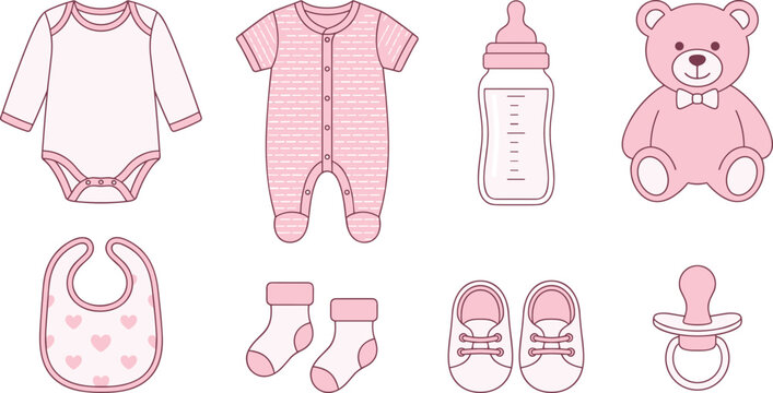 Cute Pink Baby Girl Essentials Set with Onesie, Sleepsuit, Teddy Bear, Bottle, Bib, Socks, Shoes, and Pacifier Vector Collection