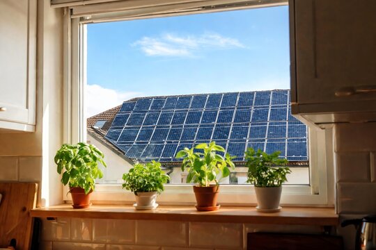 Potted green herbs thriving on a bright kitchen windowsill. Looking out to a home roof full of photovoltaic solar panels under a clear blue sky