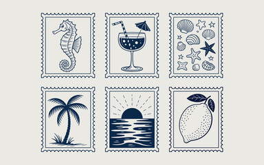 Nostalgic blue nautical stamps collection illustrating a seahorse and palm tree under radiant sunset rays on a tropical coast. © MdMostafijur