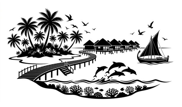 Maldives Tropical Paradise Silhouette Vector with Overwater Resort Lagoon and Island Landscape