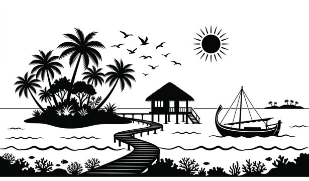 Maldives Paradise Sea Silhouette Vector Illustration with Tropical Island Palm Trees and Overwater Villas