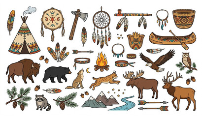 Hand Drawn Native American Tribal Doodle Collection with Wildlife Wigwam Drum and Traditional Symbols © MdHares