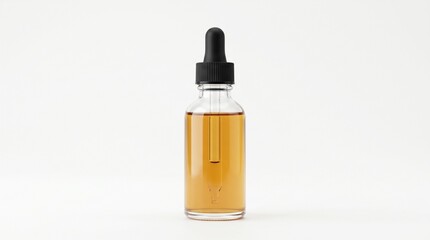 Naklejka premium Glass dropper bottle with amber liquid isolated on white background