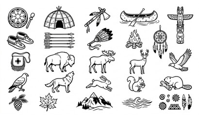 Native American Hand Drawn Doodle Icons with Tribal Objects Wildlife Animals and Cultural Symbols © MdHares