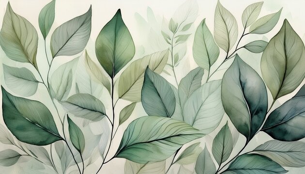 watercolor leaves in soft greens and grays