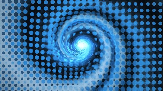 A swirling blue and black abstract pattern with a hypnotic checkered effect.