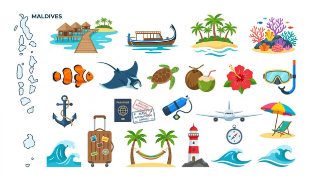Maldives Travel Destination Flat Symbol Set with Map Landmarks Marine Life and Vacation Icons