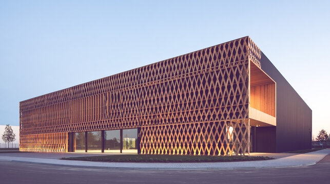 Modern building wooden lattice facade sunset exterior