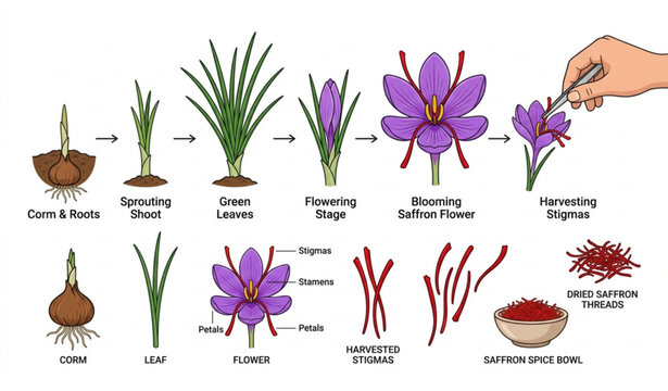 Saffron Flower Plant Growth Stages Botanical Vector Illustration with Spice and Floral Anatomy