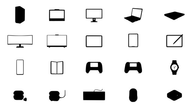 Devices Collection of 16 Different Computer Accessories Icons Set in Flat Vector Style on White Background