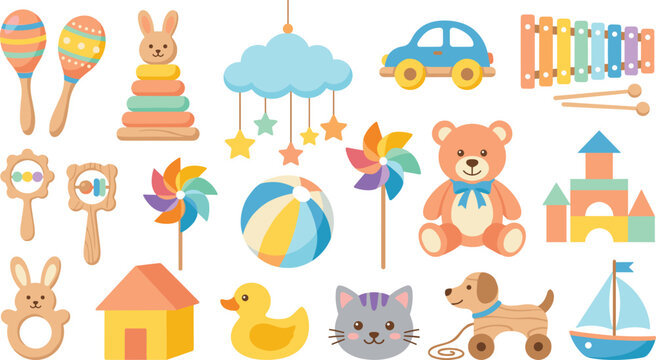Colorful Flat Style Kids Toy Collection with Teddy Bear, Xylophone, Wooden Blocks, Bunny, and Playroom Elements Vector Set