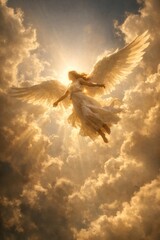 Fototapeta premium Ethereal angel amidst golden clouds.