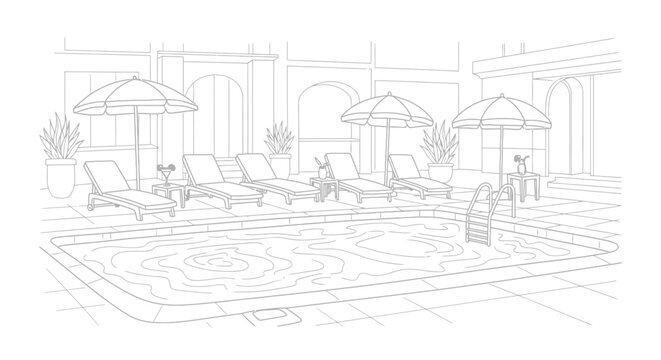 A relaxing outdoor swimming pool with lounge chairs and umbrellas for leisure activities